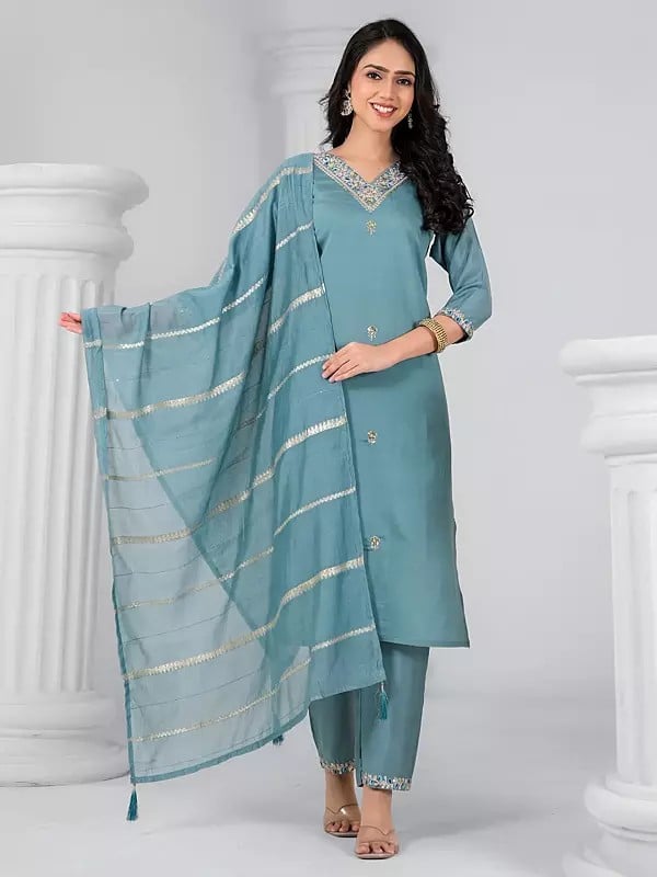 exotic india Chanderi Sequins Work Floral Motifs Attractive Party Wear Kurta Set With Striped Pattern Dupatta 