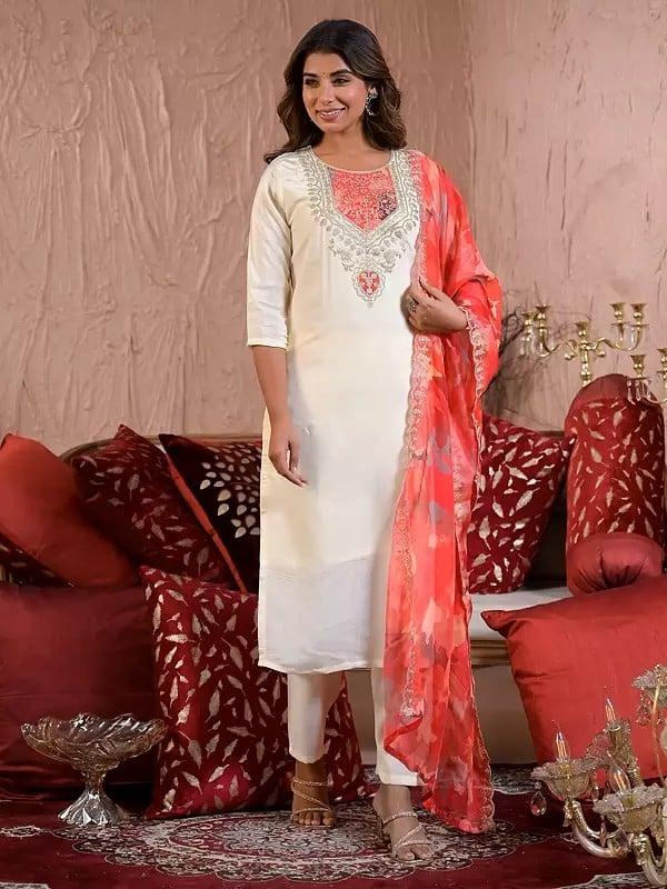 Exotic India Chanderi Silk Embroidery Work Fancy Festive Wear Kurta Set With Printed Dupatta
