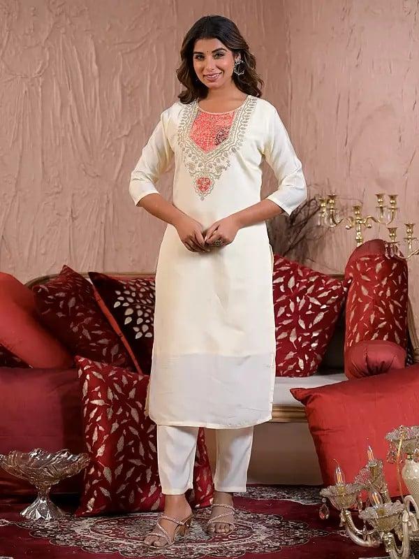 Exotic India Chanderi Silk Embroidery Work Fancy Festive Wear Kurta Set With Printed Dupatta