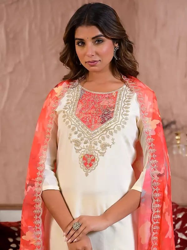 Exotic India Chanderi Silk Embroidery Work Fancy Festive Wear Kurta Set With Printed Dupatta