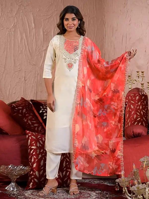 exotic india Chanderi Silk Embroidery Work Fancy Festive Wear Kurta Set With Printed Dupatta 