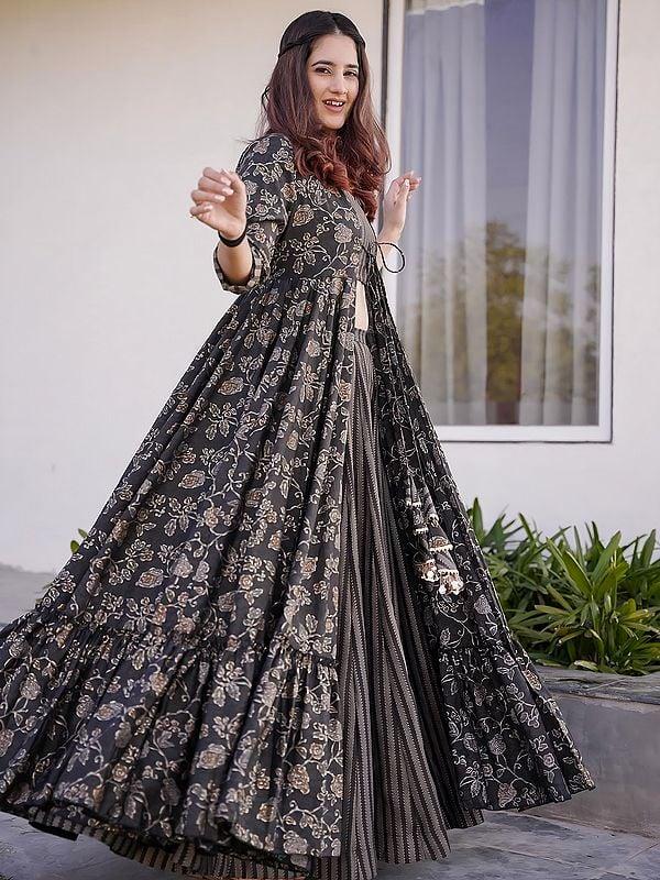 Exotic India Charcoal-Black Muslin Printed Crop-Top Palazzo Suit Set With Flared Floral Motif Shrug 