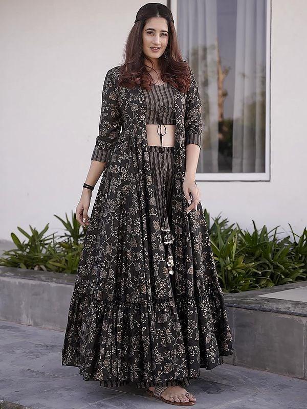 exotic india Charcoal-Black Muslin Printed Crop-Top Palazzo Suit Set with Flared Floral Motif Shrug