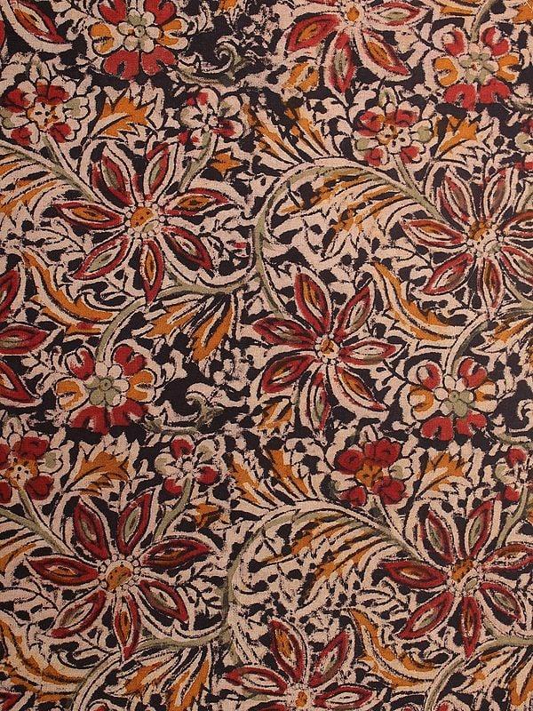 Exotic India Charcoal-Black Pure Cotton Kalamkari Block Printed Fabric 