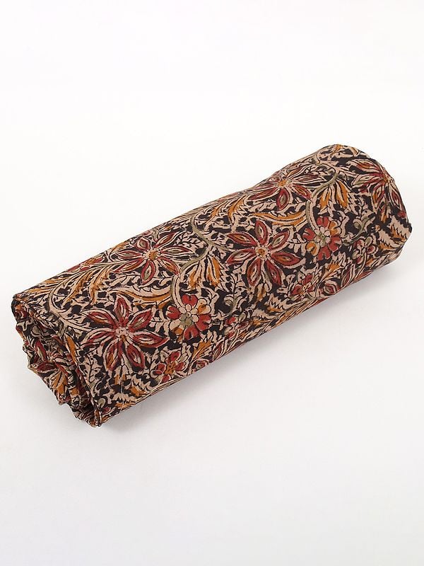 Exotic India Charcoal-Black Pure Cotton Kalamkari Block Printed Fabric 