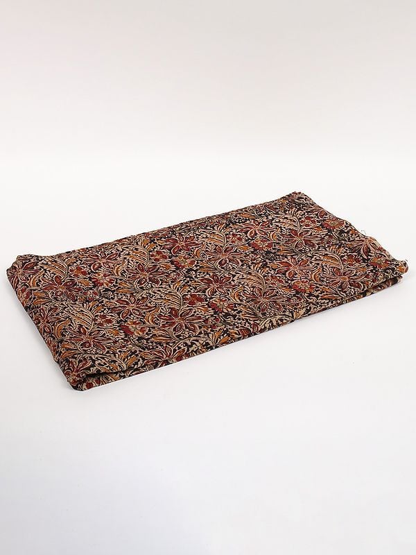 exotic india Charcoal-Black Pure Cotton Kalamkari Block Printed Fabric 