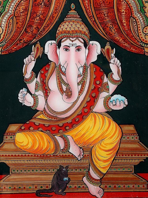 Exotic India Chaturbhuj Ganesha Glass Painting With Wooden Frame