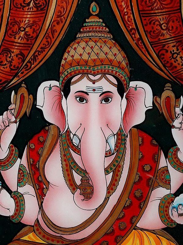 Exotic India Chaturbhuj Ganesha Glass Painting With Wooden Frame