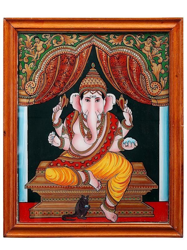 exotic india Chaturbhuj Ganesha Glass Painting with Wooden Frame