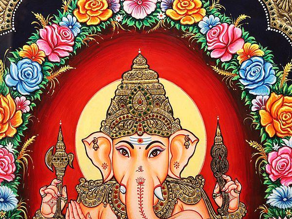 Exotic India Chaturbhuja Ganesha Framed Tanjore Painting