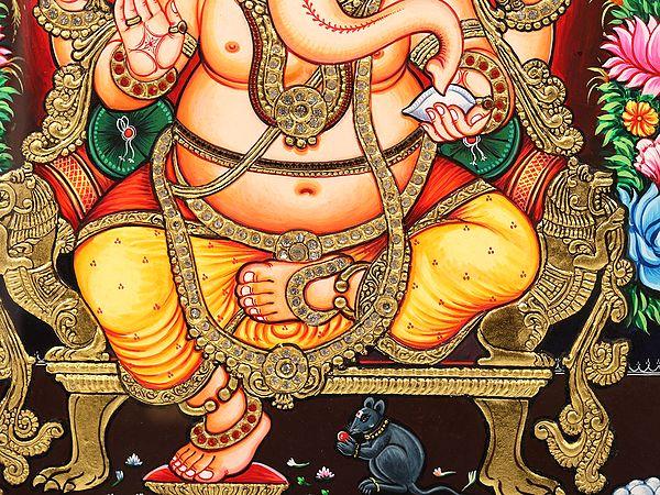 Exotic India Chaturbhuja Ganesha Framed Tanjore Painting