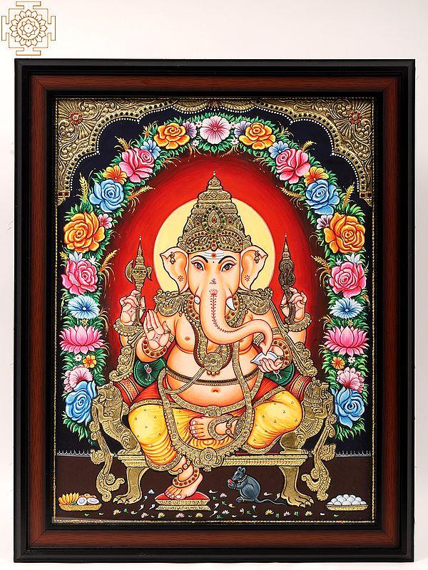 exotic india Chaturbhuja Ganesha Framed Tanjore Painting