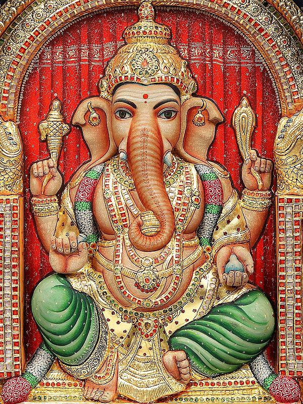 Exotic India Chaturbhuja Ganesha Seated On Kirtimukha Throne | 22 Karat Gold Embossed Work | Arch Shape Teakwood Frame