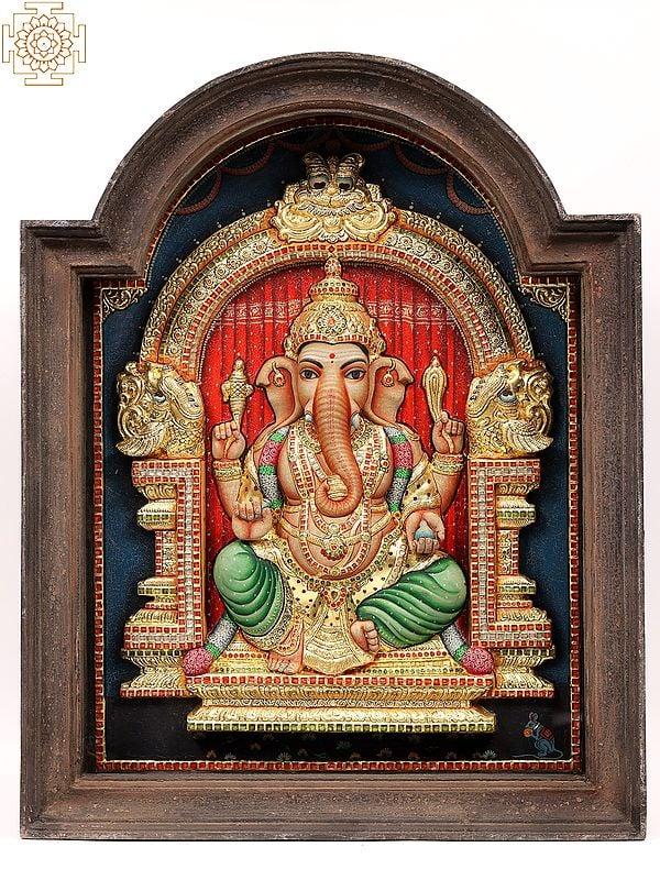 exotic india Chaturbhuja Ganesha Seated on Kirtimukha Throne | 22 Karat Gold Embossed Work | Arch Shape Teakwood Frame