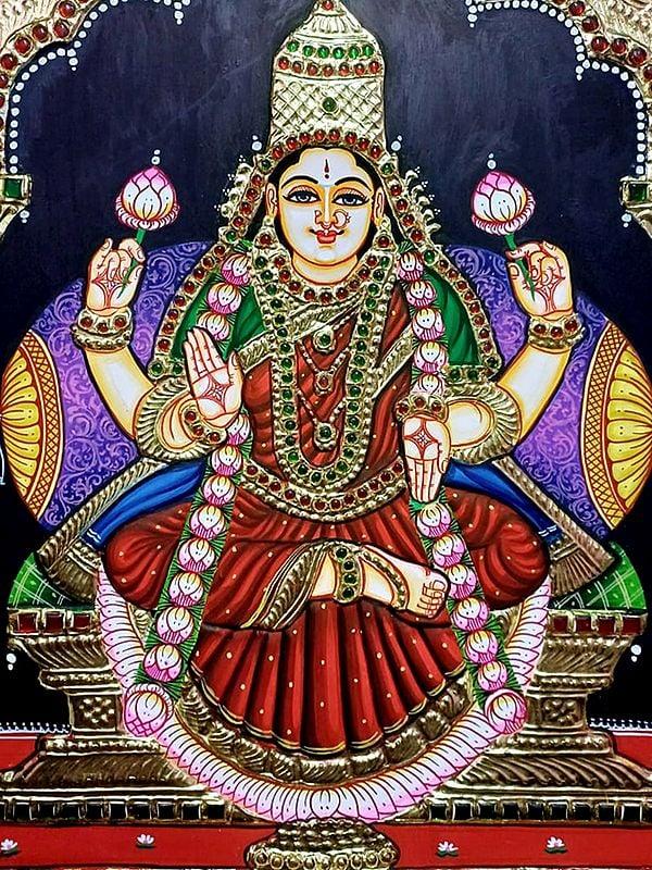 Exotic India Chaturbhuja Goddess Lakshmi Tanjore Painting | Traditional Colors With Gold Work