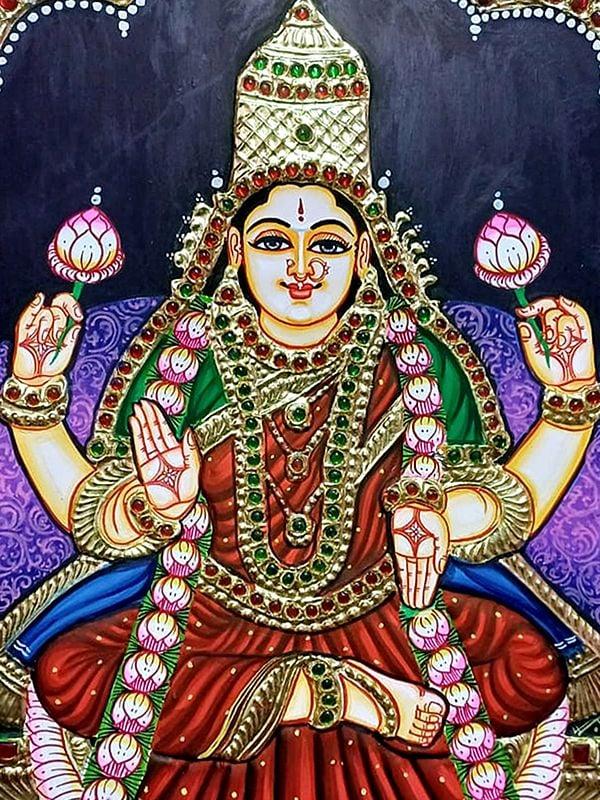 Exotic India Chaturbhuja Goddess Lakshmi Tanjore Painting | Traditional Colors With Gold Work