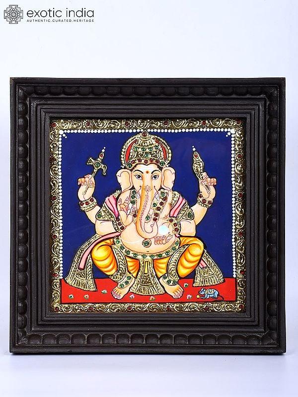 exotic india Chaturbhuja Lord Ganesha | 24 Karat Gold Work | Framed Tanjore Painting 
