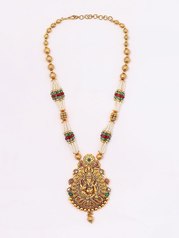 Exotic India Chaturbhuja Lord Ganesha Necklace And Earrings Set With Beads 