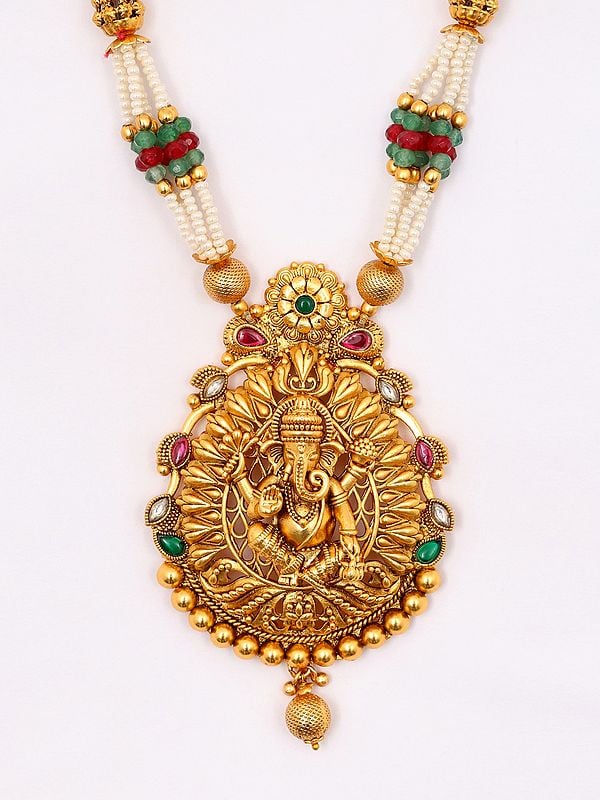 Exotic India Chaturbhuja Lord Ganesha Necklace And Earrings Set With Beads 