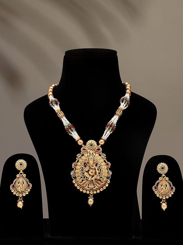 exotic india Chaturbhuja Lord Ganesha Necklace and Earrings Set with Beads 
