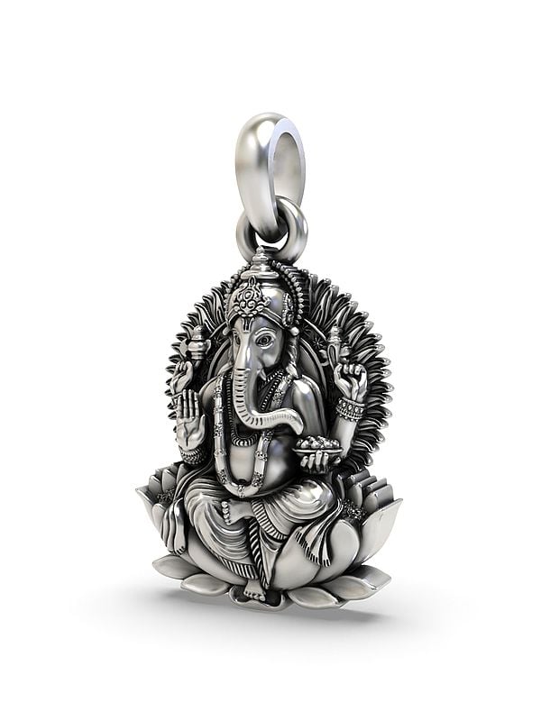 Exotic India Chaturbhuja Lord Ganesha Seated On Lotus Pendant