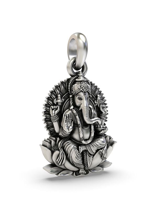 Exotic India Chaturbhuja Lord Ganesha Seated On Lotus Pendant