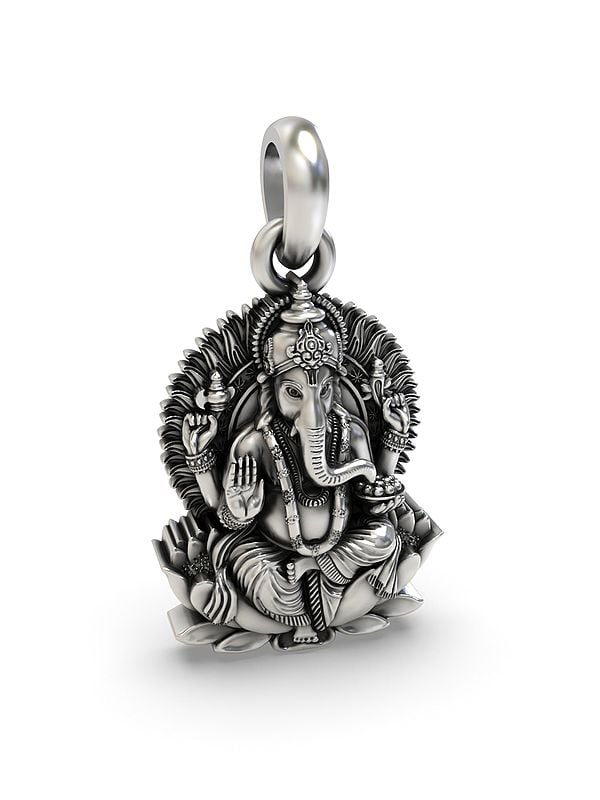 Exotic India Chaturbhuja Lord Ganesha Seated On Lotus Pendant