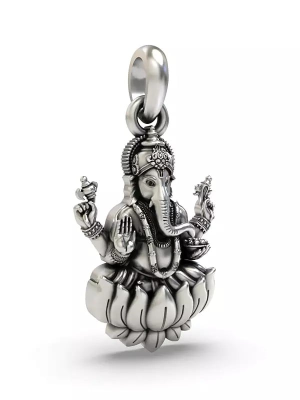 Exotic India Chaturbhuja Lord Ganesha Seated On Lotus Pendant