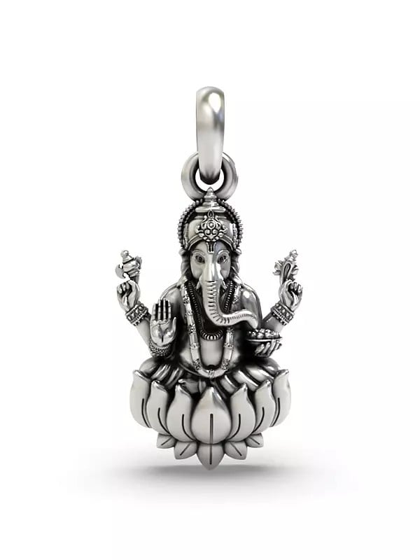 exotic india Chaturbhuja Lord Ganesha Seated on Lotus Pendant 