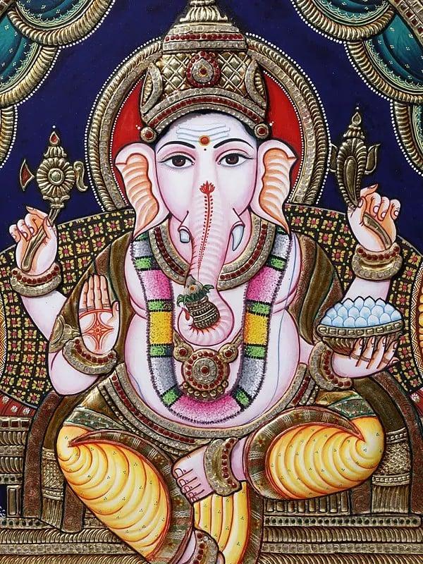 Exotic India Chaturbhuja Lord Ganesha Seated On Throne | Framed Tanjore Painting | 24 Karat Gold Work 