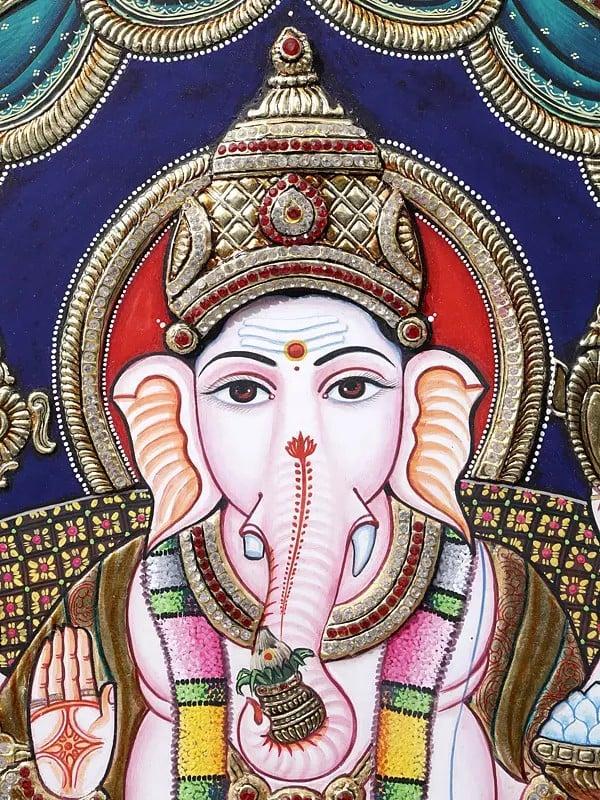 Exotic India Chaturbhuja Lord Ganesha Seated On Throne | Framed Tanjore Painting | 24 Karat Gold Work 