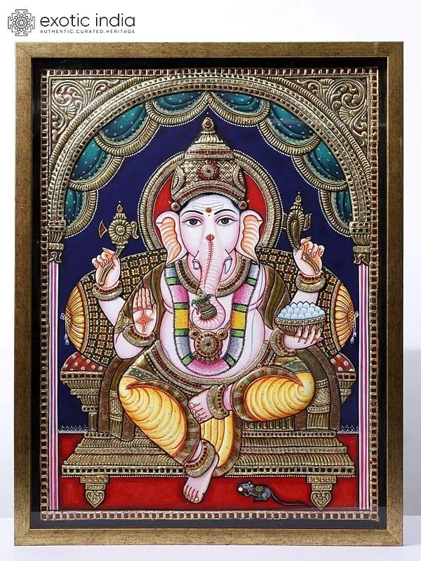 exotic india Chaturbhuja Lord Ganesha Seated on Throne | Framed Tanjore Painting | 24 Karat Gold Work