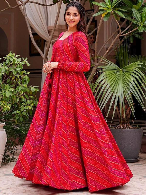 Exotic India Cherry-pink Faux Georgette Crop-Top Palazzo Suit With Heavy Rayon Digital Print Bandhani Pattern Long Shrug 