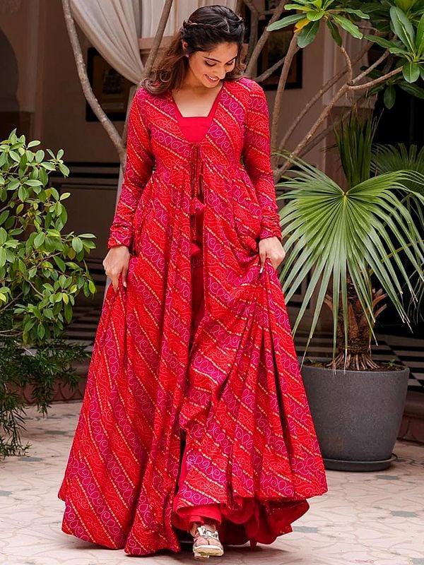 Exotic India Cherry-pink Faux Georgette Crop-Top Palazzo Suit With Heavy Rayon Digital Print Bandhani Pattern Long Shrug 