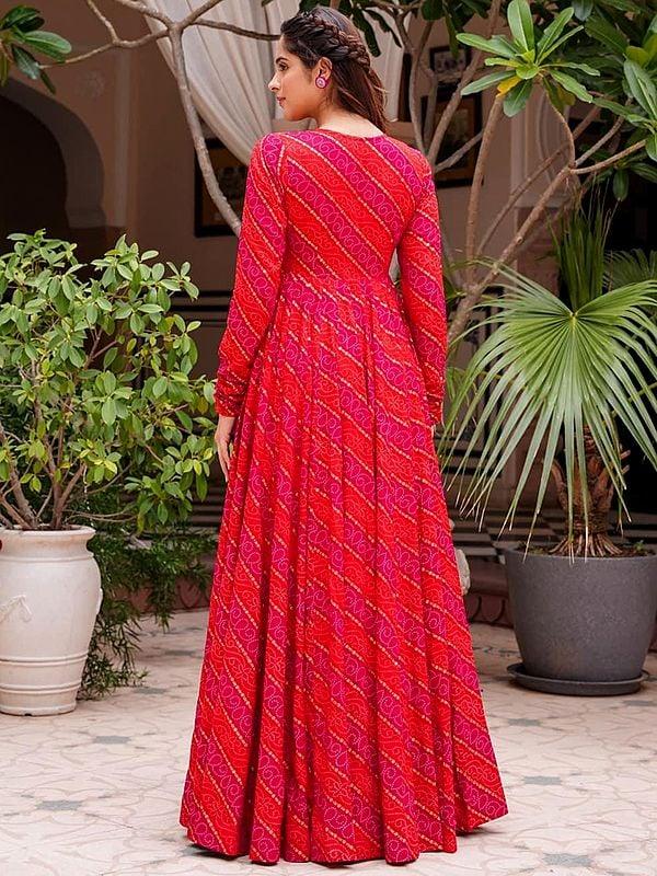 Exotic India Cherry-pink Faux Georgette Crop-Top Palazzo Suit With Heavy Rayon Digital Print Bandhani Pattern Long Shrug 