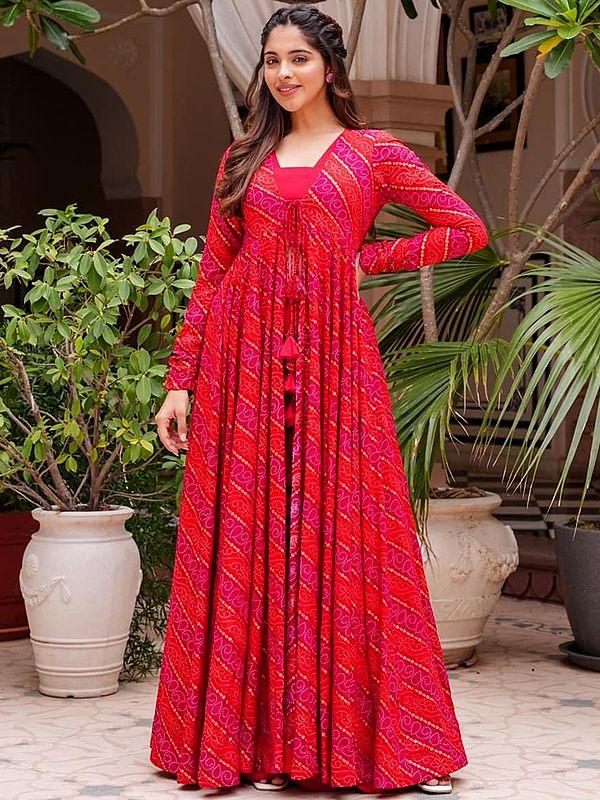 exotic india Cherry-pink faux Georgette Crop-Top Palazzo Suit with Heavy Rayon Digital Print Bandhani Pattern Long Shrug 