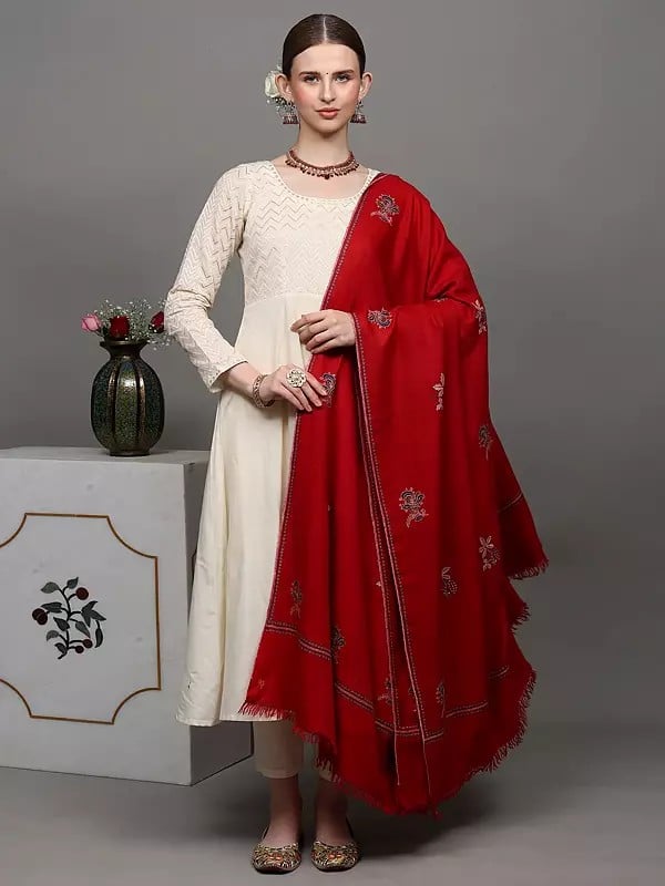 Exotic India Cherry-Red Pure Pashmina Shawl With Sozni Embroidered Floral Bootis 