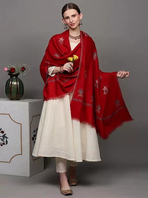 Exotic India Cherry-Red Pure Pashmina Shawl With Sozni Embroidered Floral Bootis 