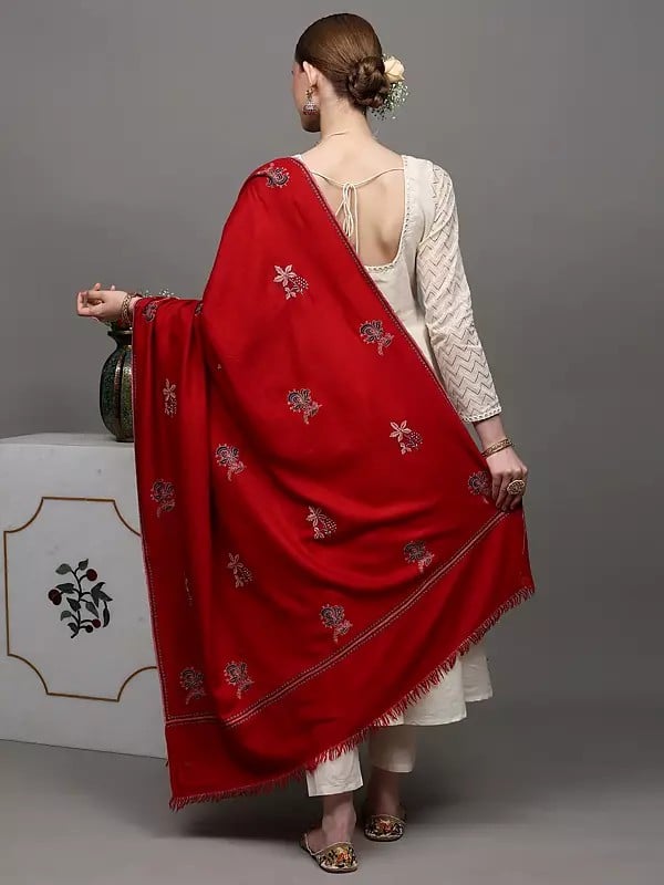 Exotic India Cherry-Red Pure Pashmina Shawl With Sozni Embroidered Floral Bootis 