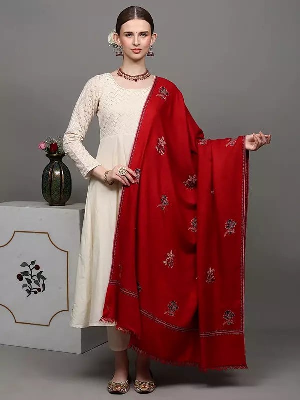 exotic india Cherry-Red Pure Pashmina Shawl with Sozni Embroidered Floral Bootis 