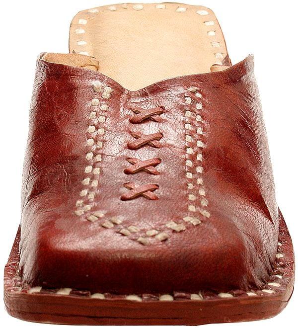 Exotic India Cherry Slip-on Shoes For Men With Threadwork 