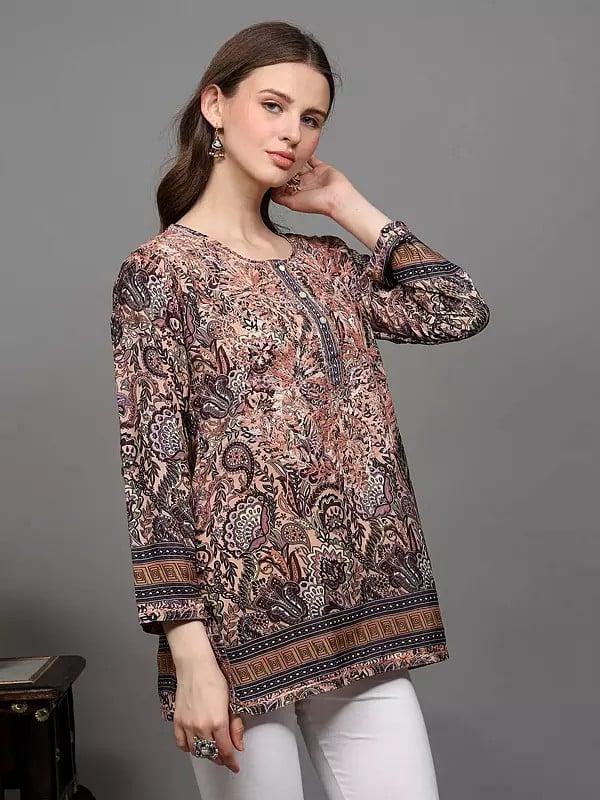 Exotic India Chikankari Embroidered Crepe Short Kurti With Printed Paisleys And Flowers