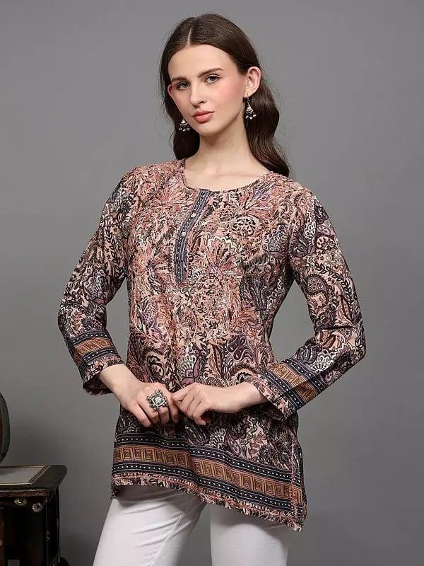 Exotic India Chikankari Embroidered Crepe Short Kurti With Printed Paisleys And Flowers