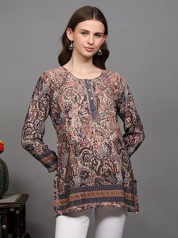 Exotic India Chikankari Embroidered Crepe Short Kurti With Printed Paisleys And Flowers