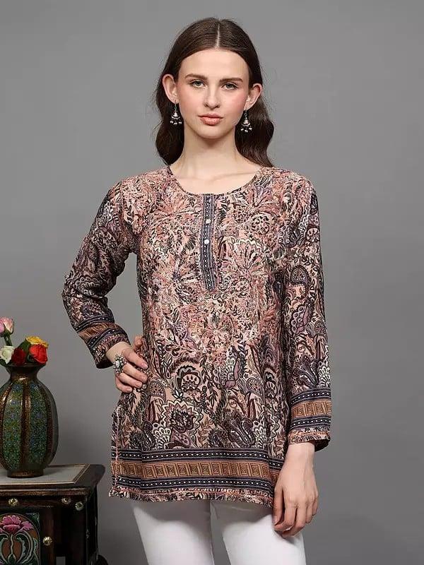 exotic india Chikankari Embroidered Crepe Short Kurti with Printed Paisleys and Flowers 