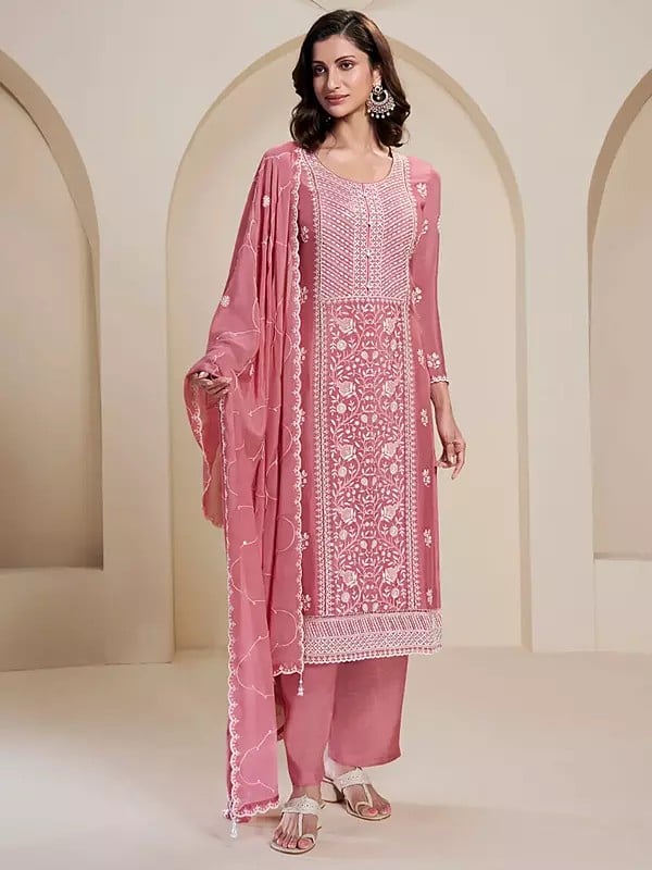 exotic india Chinon Chikankari Embroidery Work Stunning Festive Wear Salwar Suit With Dupatta 