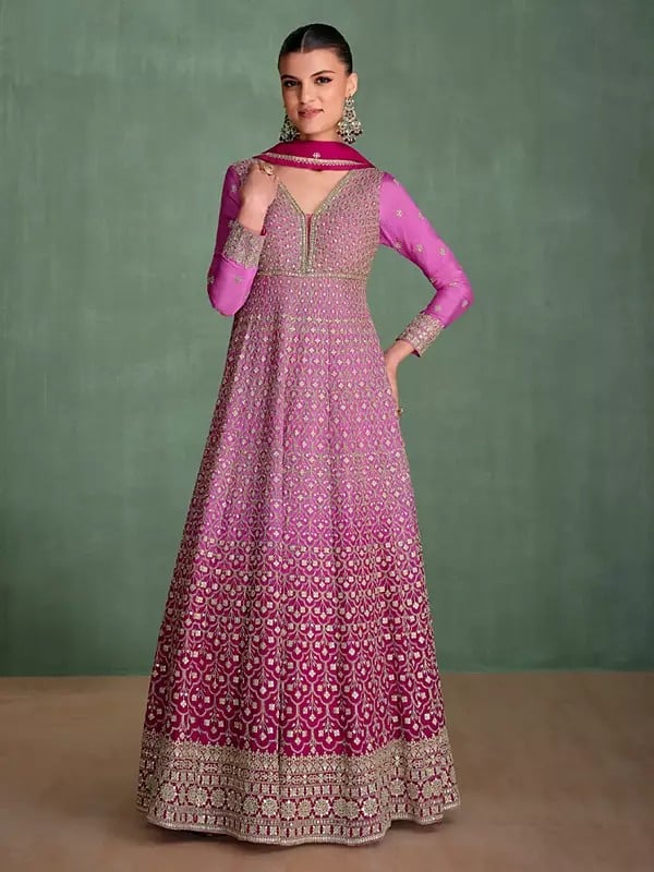 Exotic India Chinon Elegant Embroidery And Sequins Work Traditional Anarkali Gown With Matching Dupatta