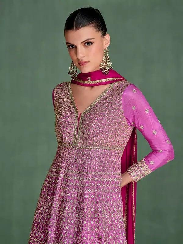 Exotic India Chinon Elegant Embroidery And Sequins Work Traditional Anarkali Gown With Matching Dupatta