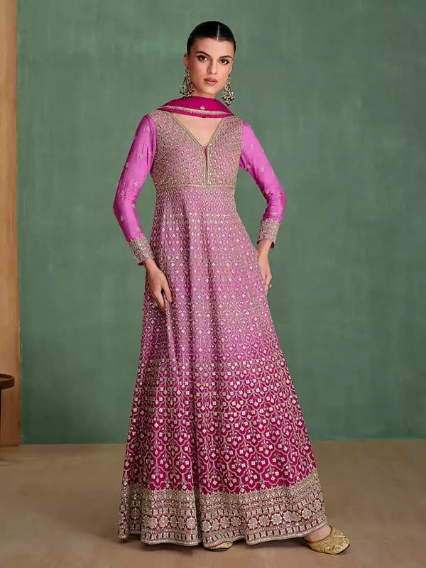 exotic india Chinon Elegant Embroidery And Sequins Work Traditional Anarkali Gown With Matching Dupatta 