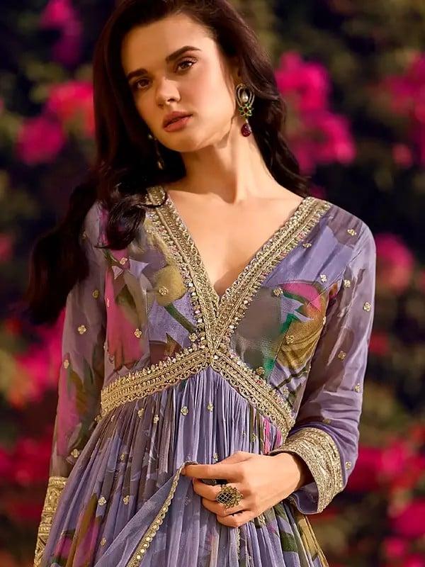 Exotic India Chinon Floral Print Thread Embroidery Work Attractive Anarkali Gown For Festive Occasion 